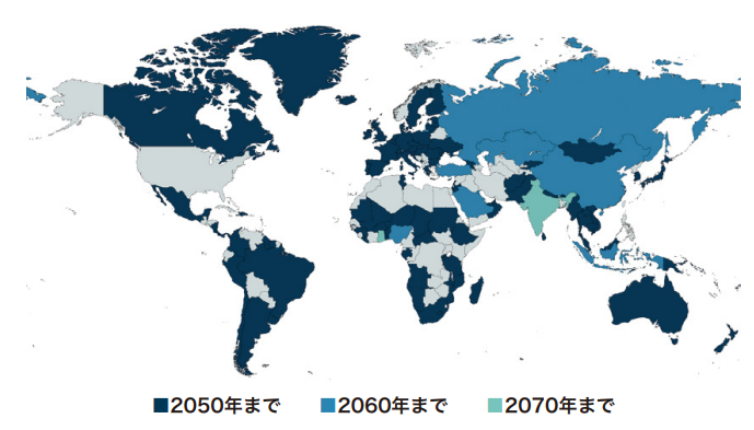 期限付きカーボンニュートラルを表明する国・地域 136箇所を表した地図