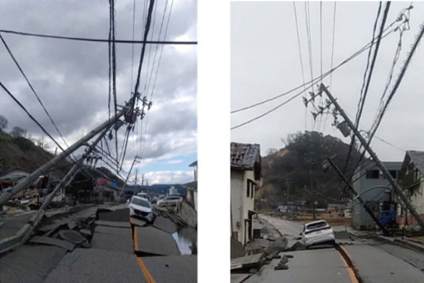 地震により倒壊した電柱（2024年1月能登半島地震）