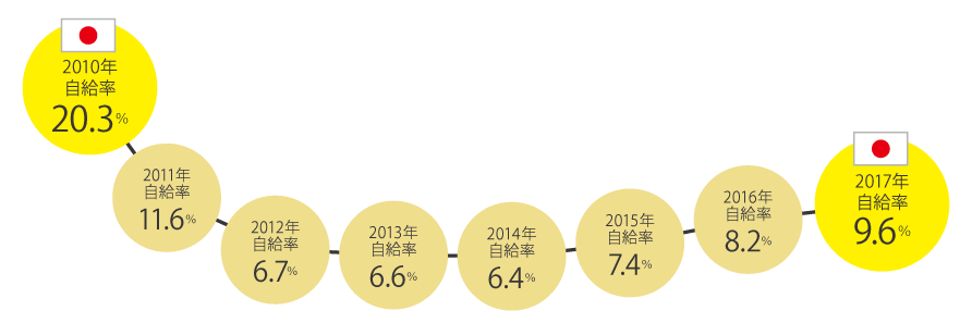 2010年から2017年までの1年ごとの日本のエネルギー自給率を示しています。2010年は20.3％、そこから数値が下がっていき2014年の6.4％を最低値として、その後少しずつ上昇し2017年では9.6％となっています。