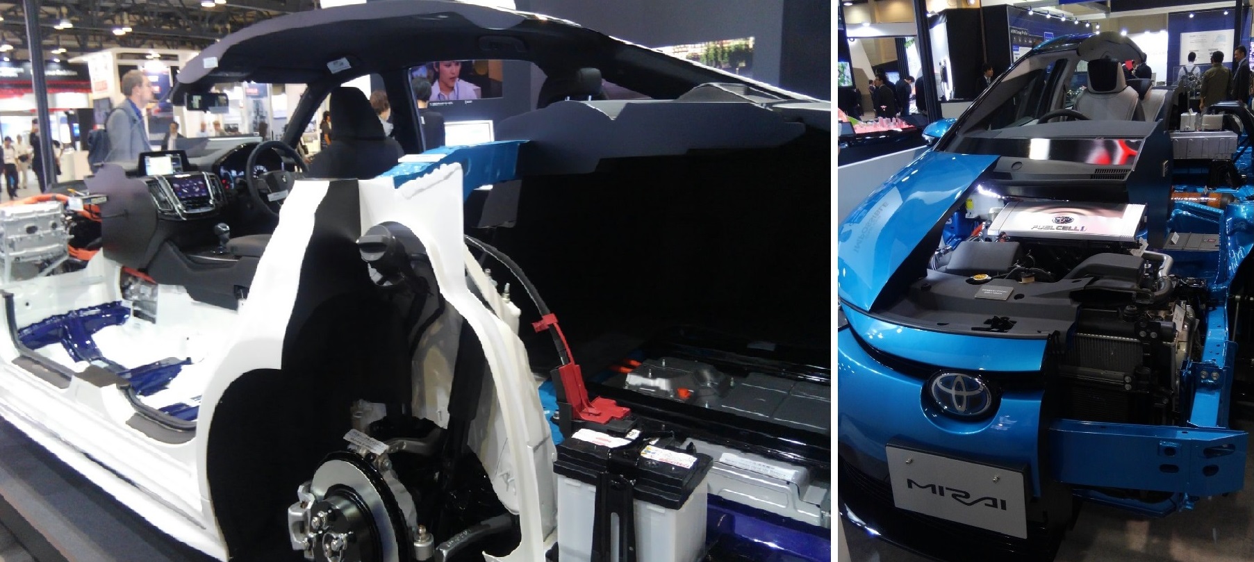 トヨタ自動車株式会社のHEV「新型クラウン」とFCV「MIRAI」の展示の写真です。