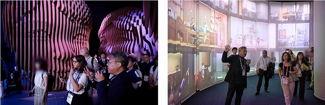 「未来の都市パビリオン」の展示物と、視察する参加者の写真です