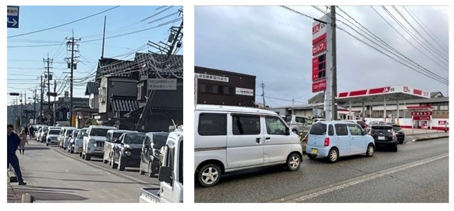 2024年に起きた能登半島地震で、ガソリンスタンドに給油待ちの行列を作る車の様子を撮影した写真です。