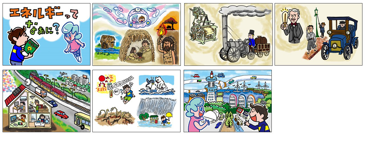 3位の班の選んだ紙芝居のイラスト
                        1タイトル、2原始時代の生活のイラスト、3蒸気機関・力織機のイラスト、4エジソン、ガス灯、車のイラスト、5現代の生活のイラスト、6温暖化の影響のイラスト、7未来の町のイラスト
                        
