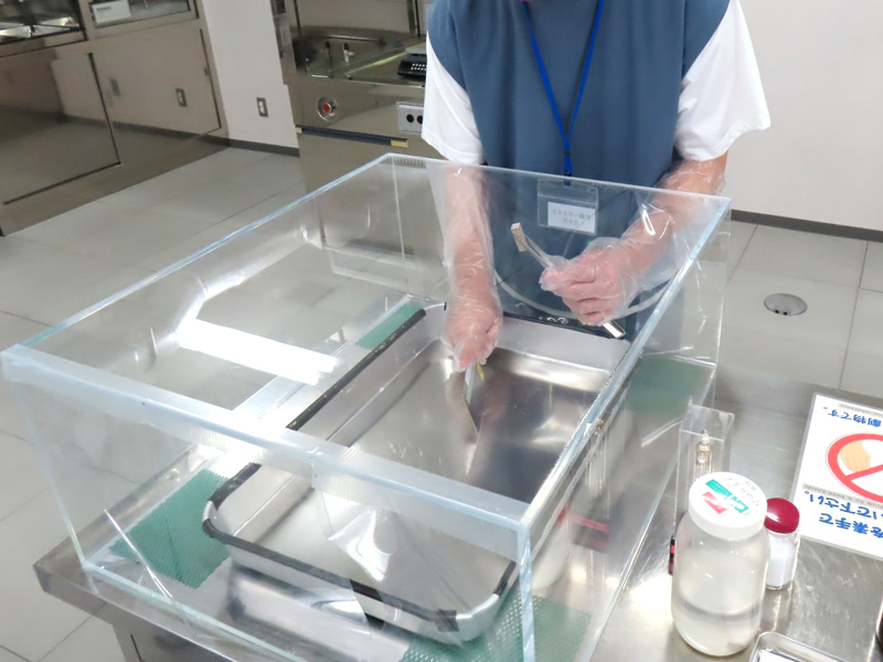 高速増殖原型炉もんじゅの冷却材に使われていたナトリウムの性質について、固体のナトリウムをカットし断面にすぐに酸化被膜が形成されるのを確かめる様子。