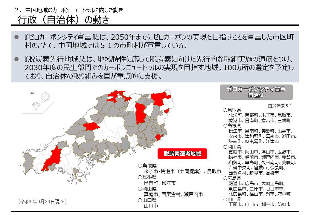 中国地域のカーボンニュートラルに向けた行政（自治体）の動き
                            ・『ゼロカーボンシティ宣言』とは、2050年までにゼロカーボンの実現を目指すことを宣言した市区町村のことで、中国地域では５１の市町村が宣言している。
                            ・『脱炭素先行地域』とは、地域特性に応じて脱炭素に向けた先行的な取組実施の道筋をつけ、2030年度の民生部門でのカーボンニュートラルの実現を目指す地域。100カ所の選定を予定しており、自治体の取り組みを国が重点的に支援。
                            
                            脱炭素先行地域
                            ○鳥取県
                            　　米子市・境港市（共同提案）、鳥取市
                            ○島根県
                            　　邑南町、松江市
                            ○岡山県
                            　　真庭市、西粟倉村、瀬戸内市
                            ○山口県
                            　　山口市
                            
                            ゼロカーボンシティ宣言自治体
                            自治体数51
                            ○鳥取県
                            　北栄町、南部町、米子市、鳥取市、境港市、日南町、倉吉市、三朝町
                            ○島根県
                            　松江市、邑南町、美郷町、出雲市、安来市、津和野町、雲南市、浜田市、飯南町、奥出雲町、江津市
                            ○岡山県
                            　真庭市、岡山市、津山市、玉野市、総社市、備前市、瀬戸内市、赤磐市、和気町、早島町、久米南町、美咲町、吉備中央町、倉敷市、奈義町、西粟倉村、新見市、高梁市
                            ○広島県
                            　尾道市、広島市、大崎上島町、東広島市、三原市、廿日市市、北広島町、福山市、呉市、府中町
                            ○山口県
                            　下関市、山口市、柳井市、防府市
                            （令和5年9月29日現在）
                            