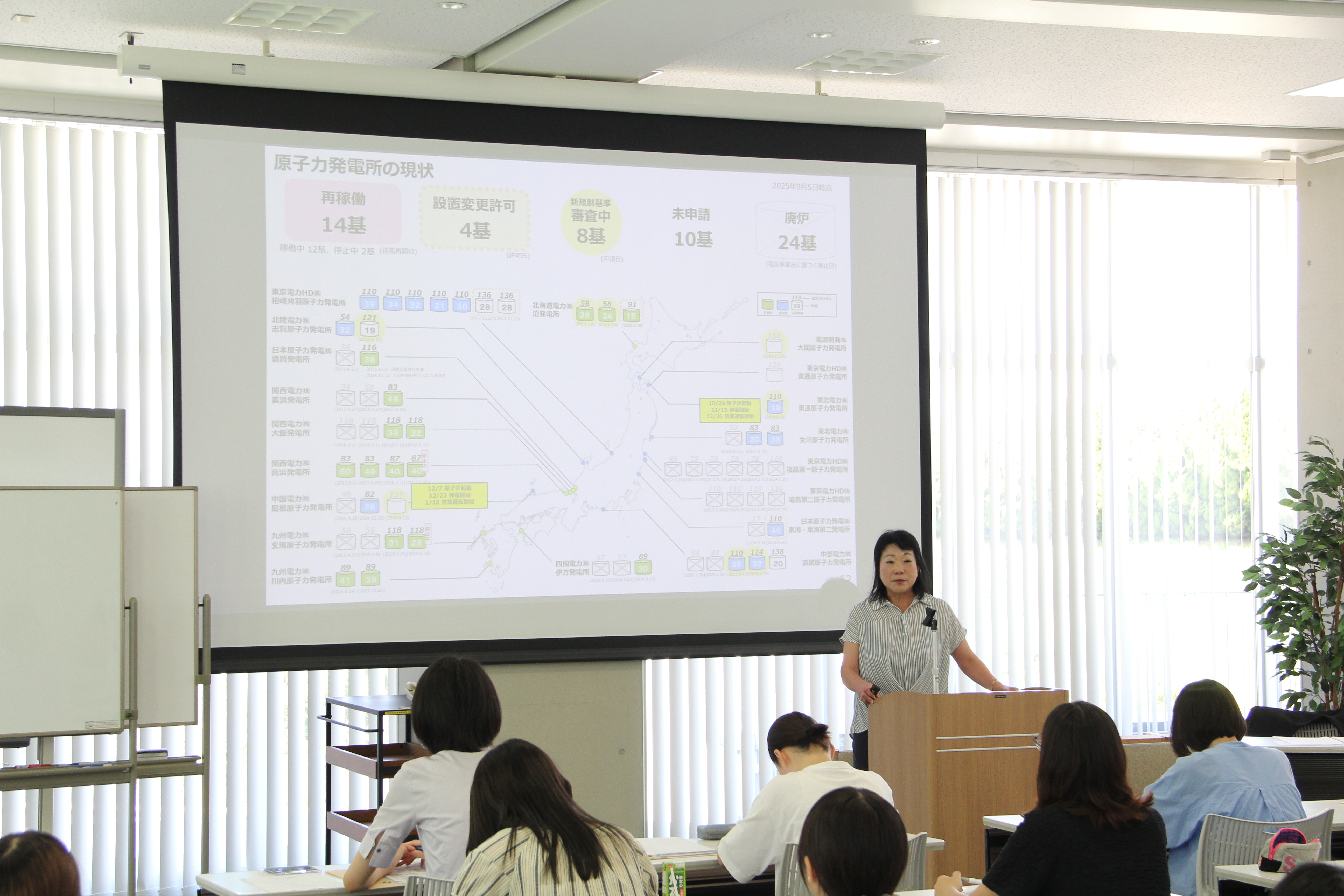 発電所の概要についての説明を聞く参加者たち