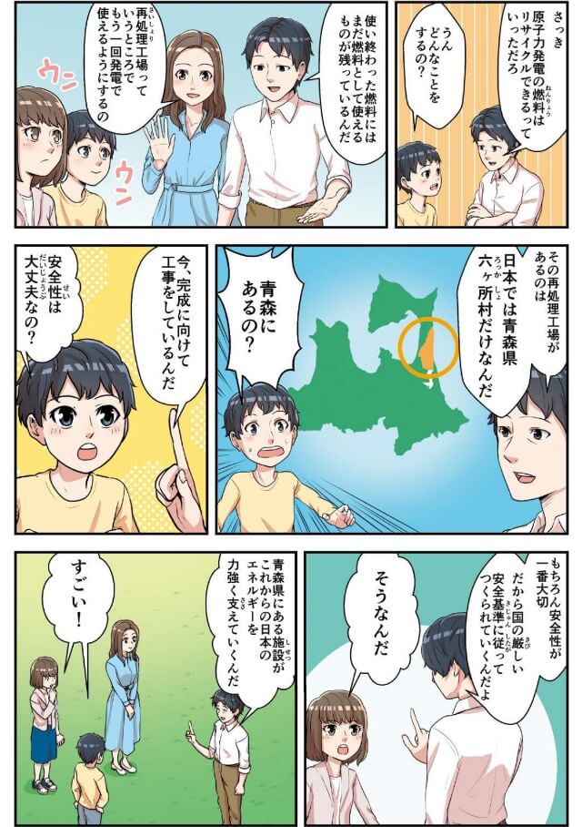 マンガ：
父　さっき原子力発電の燃料はリサイクルできるっていっただろ
弟　うん。どんなことをするの？
父　使い終わった燃料には、まだ燃料として使えるものが残っているんだ
母　再処理工場っていうところで、もう一回発電で使えるようにするの
弟・姉　ウンウン
父　その再処理工場があるのは、日本では青森県六ヶ所村だけなんだ
弟　青森にあるの？
父　今、完成に向けて工事をしているんだ
弟　安全性は大丈夫なの？
父　もちろん安全性が一番大切 だから国の厳しい安全基準に従ってつくられていくんだよ
姉　そうなんだ
父　青森県にある施設が、これからの日本のエネルギーを力強く支えていくんだ
弟・姉　すごい！