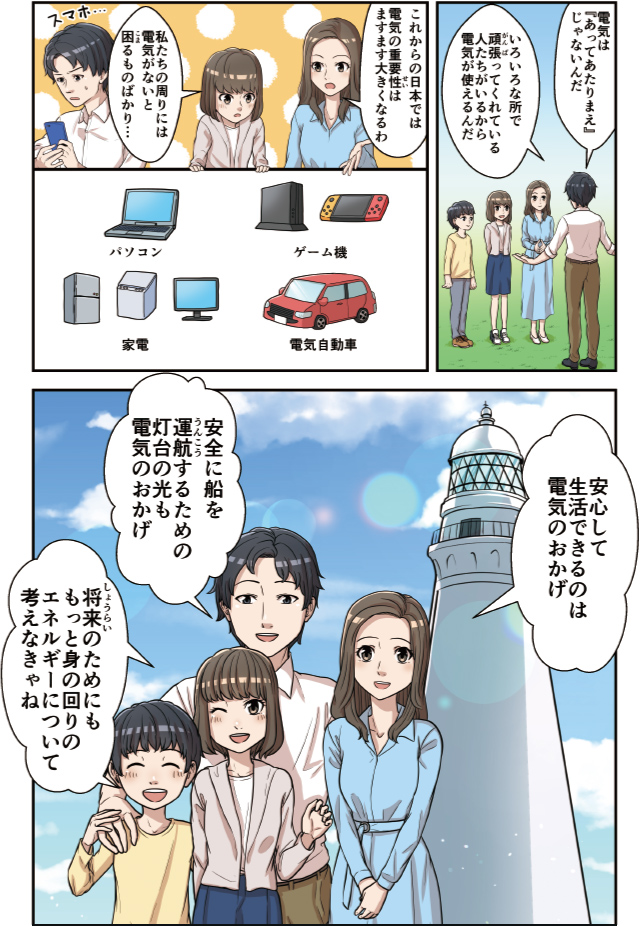 漫画：
父　電気は「あってあたりまえ」じゃないんだ。いろいろな所で頑張ってくれている人たちがいるから電気が使えるんだ。
母　これからの日本では、電気の重要性はますます大きくなるわ。
姉　私たちの周りには、電気がないと困るものばかり・・・。
（父　スマホで検索）
図　パソコン、ゲーム機、家電、電気自動車
母　安心して生活電できるのは電気のおかげ。
父　安全に船を運航するための灯台の光も、電気のおかげ。
弟・姉　将来のためにも、もっと身の回りのエネルギーについて考えなきゃね。