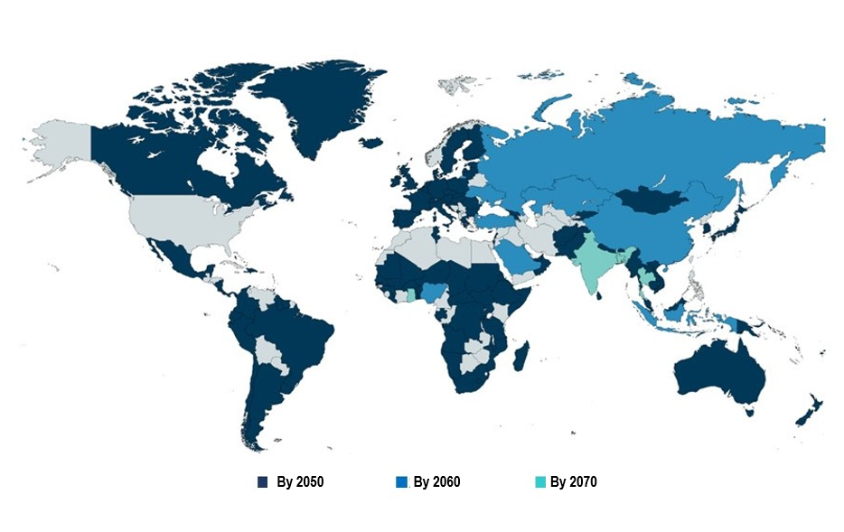This world map shows countries and regions that have agreed with the principle of achieving carbon neutrality with  target years of 2050, 2060, and 2070.